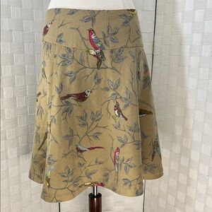 Anthropologie Elevenses Wool A-Line Skirt with Bird Print, tan, gray, red.